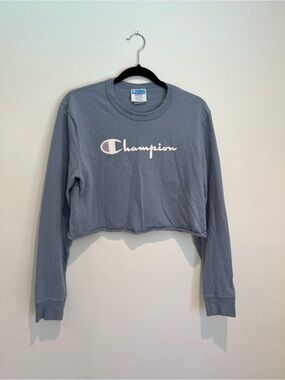 Champion Cropped Sweatshirt in Slate Blue with White Logo